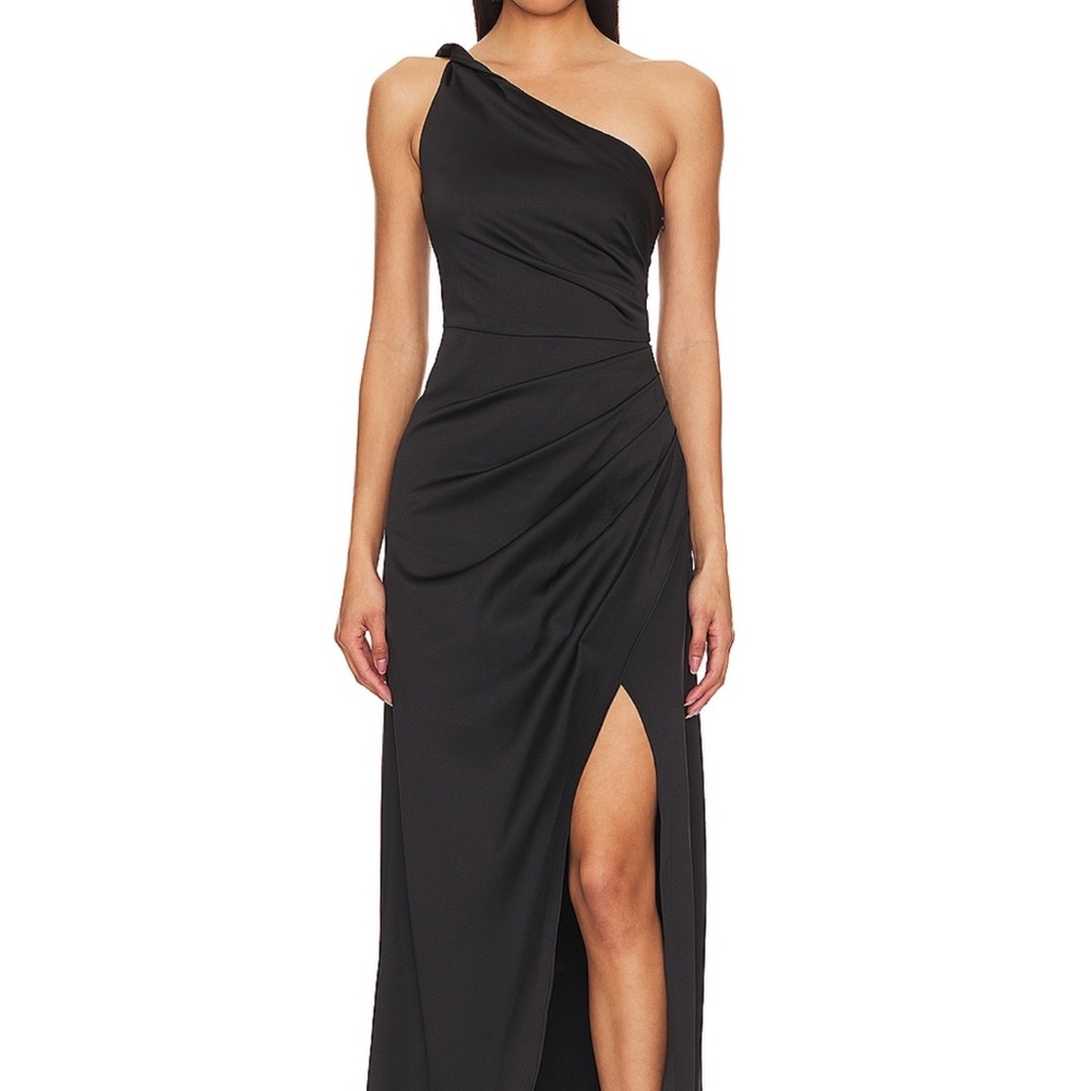Elliatt One-Shoulder Black Draped Gown with High Slit